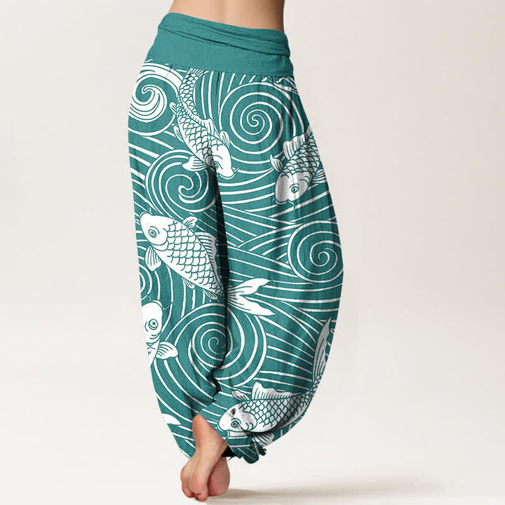 Buddha Stones Cotton Koi Wave Pattern Women's Elastic Waist Harem Pants - image 7