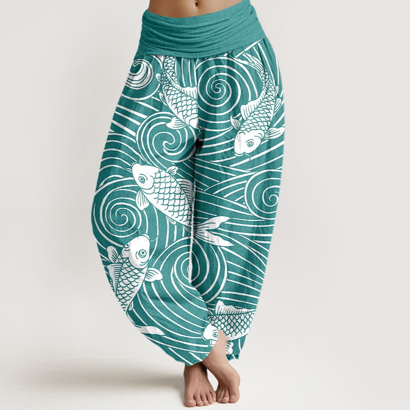 Buddha Stones Cotton Koi Wave Pattern Women's Elastic Waist Harem Pants - LightSeaGreen - US16，UK/AU20，EU48 (3XL) - image 5