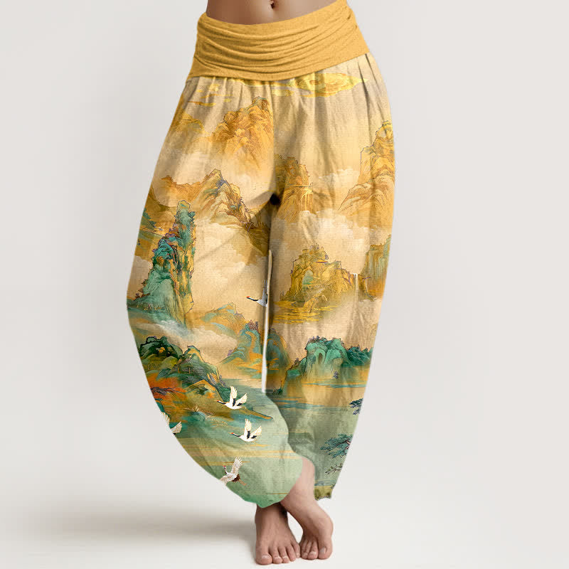 Buddha Stones Cotton Oriental Crane Peaks Pattern Women's Elastic Waist Harem Pants - Gold - US16，UK/AU20，EU48 (3XL) - image 0