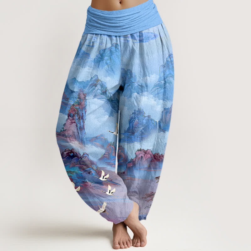 Buddha Stones Cotton Oriental Crane Peaks Pattern Women's Elastic Waist Harem Pants - LightSkyBlue - US16，UK/AU20，EU48 (3XL) - image 8