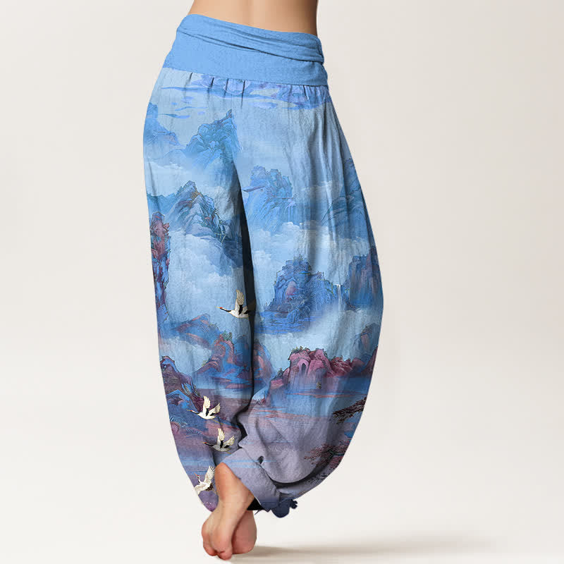 Buddha Stones Cotton Oriental Crane Peaks Pattern Women's Elastic Waist Harem Pants - image 10