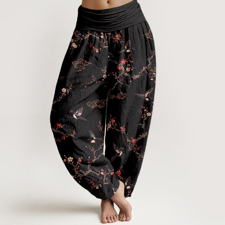 Buddha Stones Cotton Swallow Plum Blossom Pattern Women's Elastic Waist Harem Pants - Black - US16，UK/AU20，EU48 (3XL) - image 0
