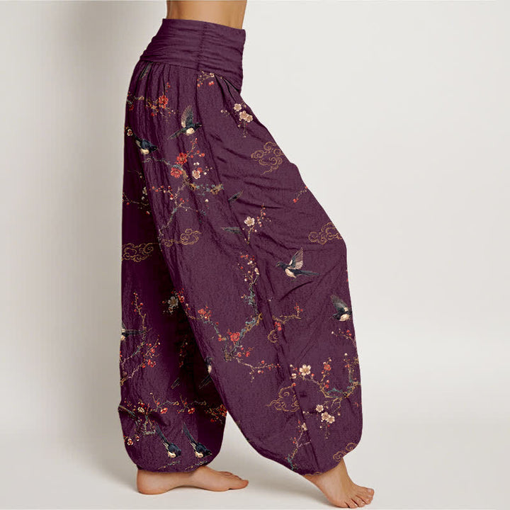 Buddha Stones Cotton Swallow Plum Blossom Pattern Women's Elastic Waist Harem Pants - image 6