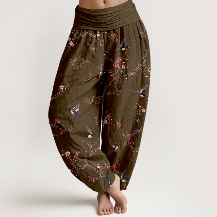 Buddha Stones Cotton Swallow Plum Blossom Pattern Women's Elastic Waist Harem Pants - Olive - US16，UK/AU20，EU48 (3XL) - image 8