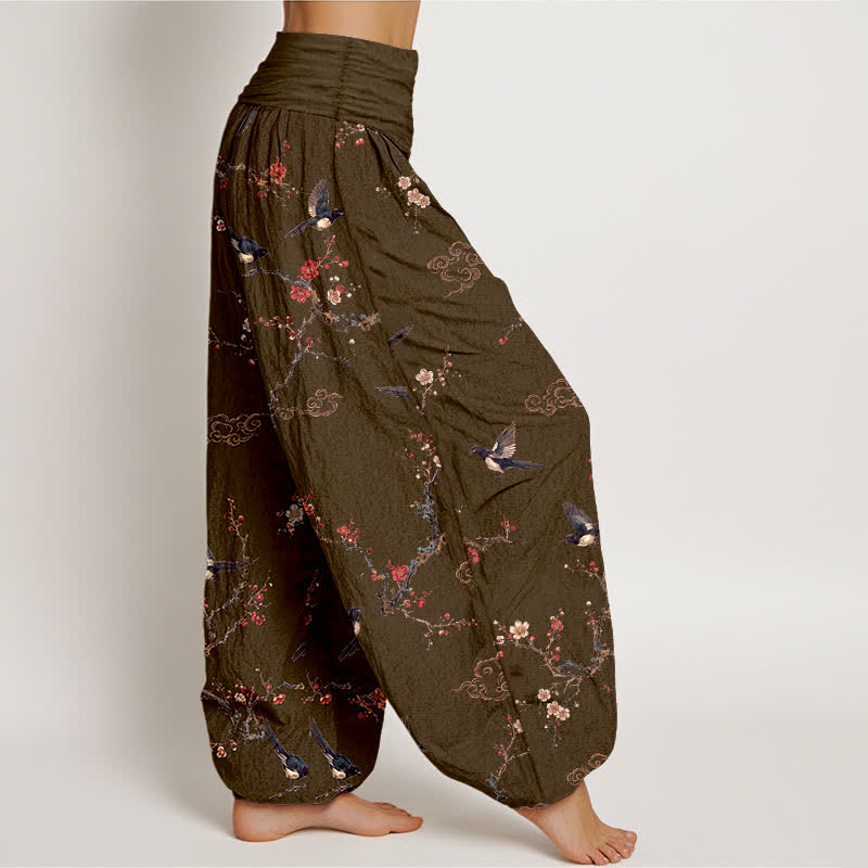 Buddha Stones Cotton Swallow Plum Blossom Pattern Women's Elastic Waist Harem Pants - image 9