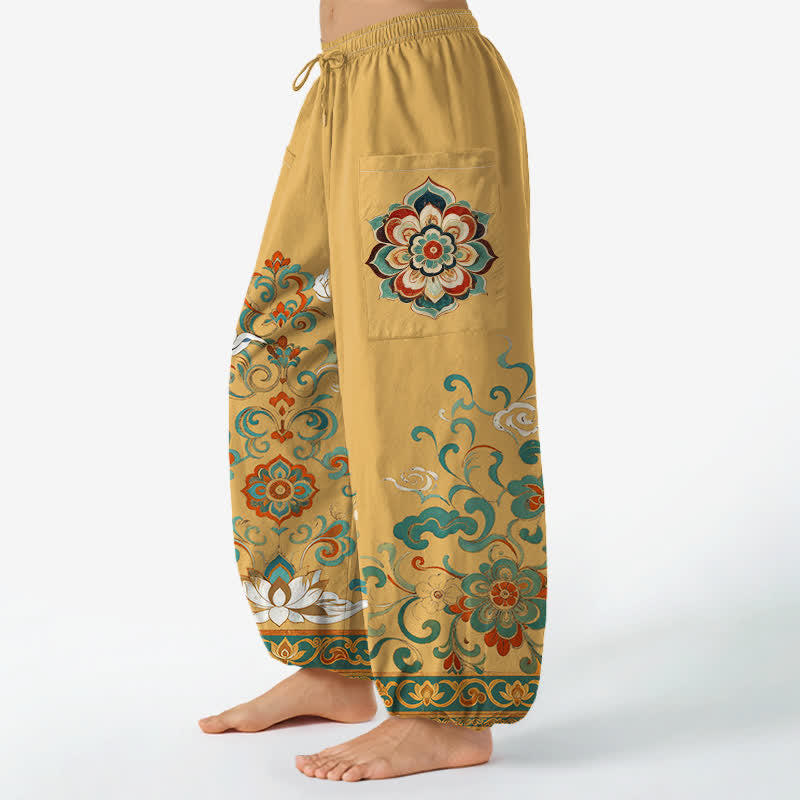 Buddha Stones Cotton Vintage Lotus Floral Paisley Pattern Women's Elastic Waist Harem Pants With Side Pockets - image 1