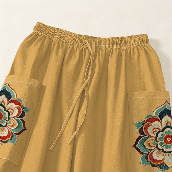 Buddha Stones Cotton Vintage Lotus Floral Paisley Pattern Women's Elastic Waist Harem Pants With Side Pockets - image 5