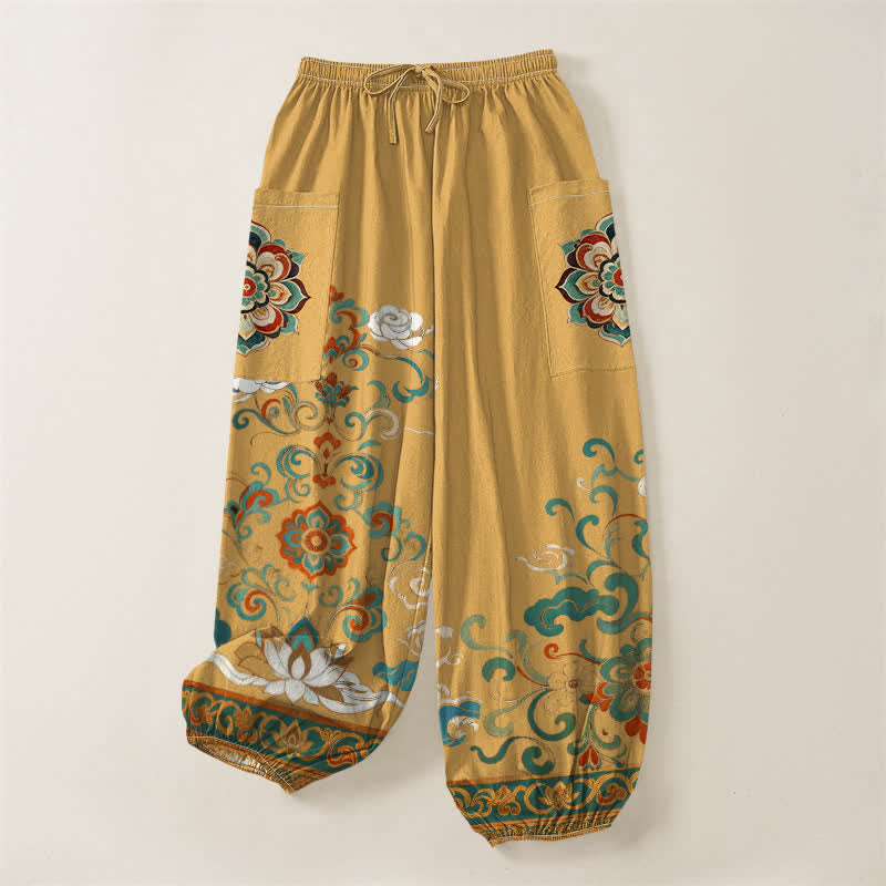 Buddha Stones Cotton Vintage Lotus Floral Paisley Pattern Women's Elastic Waist Harem Pants With Side Pockets - image 3