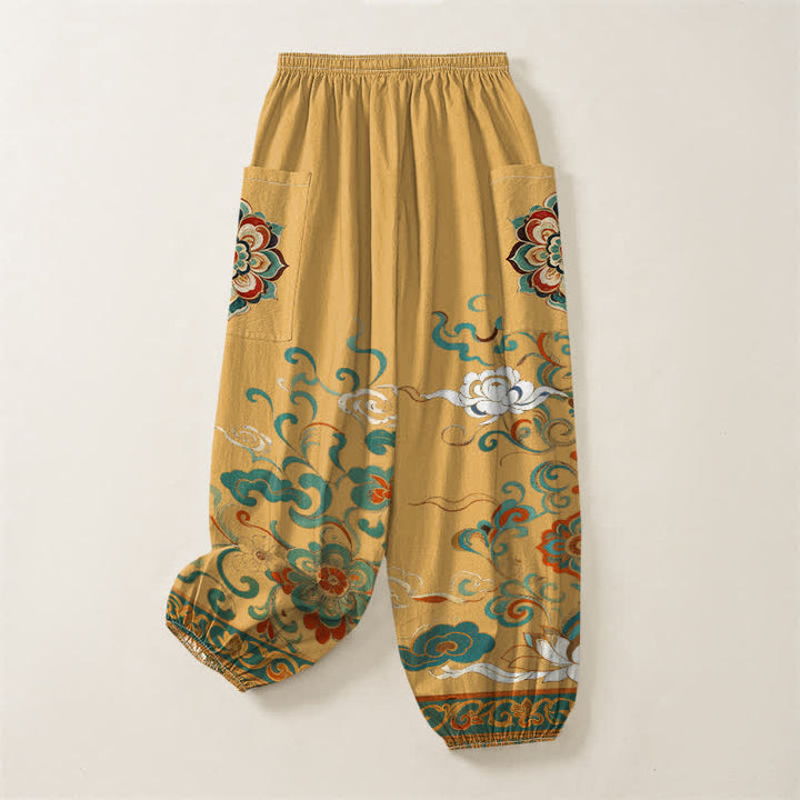 Buddha Stones Cotton Vintage Lotus Floral Paisley Pattern Women's Elastic Waist Harem Pants With Side Pockets - image 4