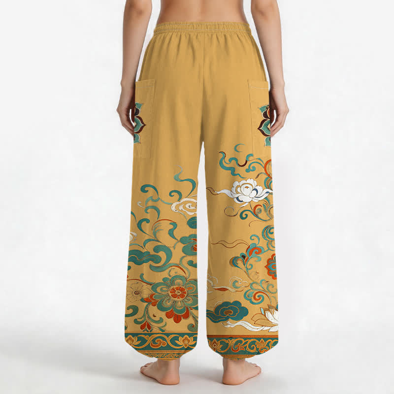 Buddha Stones Cotton Vintage Lotus Floral Paisley Pattern Women's Elastic Waist Harem Pants With Side Pockets - image 2
