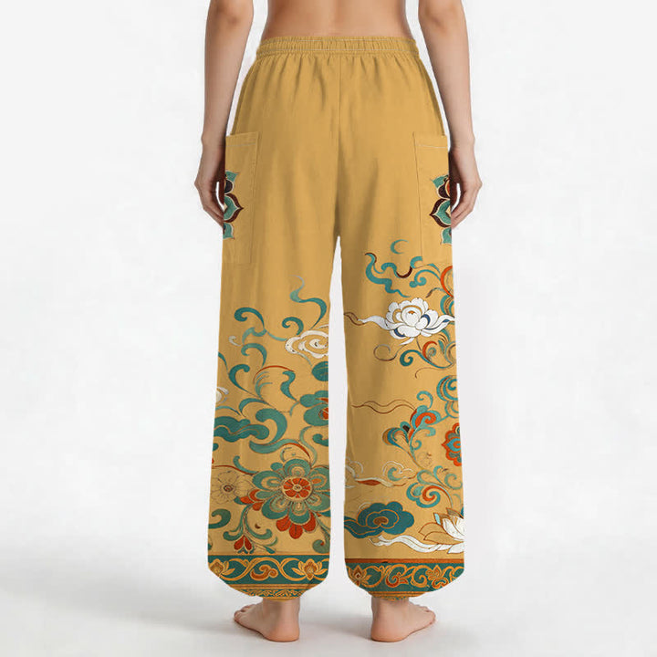 Buddha Stones Cotton Vintage Lotus Floral Paisley Pattern Women's Elastic Waist Harem Pants With Side Pockets - image 2