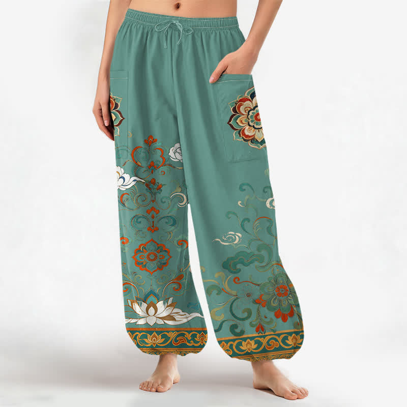 Buddha Stones Cotton Vintage Lotus Floral Paisley Pattern Women's Elastic Waist Harem Pants With Side Pockets - MediumAquamarine - US16，UK/AU20，EU48 (3XL) - image 7