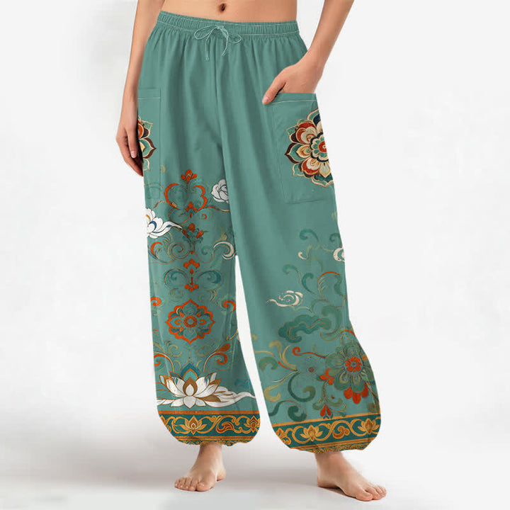 Buddha Stones Cotton Vintage Lotus Floral Paisley Pattern Women's Elastic Waist Harem Pants With Side Pockets - MediumAquamarine - US16，UK/AU20，EU48 (3XL) - image 7