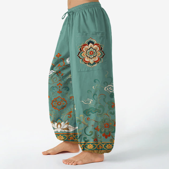 Buddha Stones Cotton Vintage Lotus Floral Paisley Pattern Women's Elastic Waist Harem Pants With Side Pockets - image 8