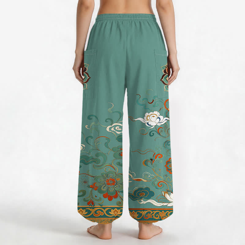 Buddha Stones Cotton Vintage Lotus Floral Paisley Pattern Women's Elastic Waist Harem Pants With Side Pockets - image 9