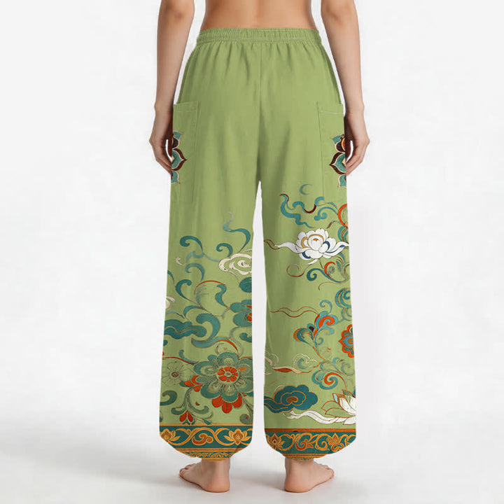 Buddha Stones Cotton Vintage Lotus Floral Paisley Pattern Women's Elastic Waist Harem Pants With Side Pockets - image 12