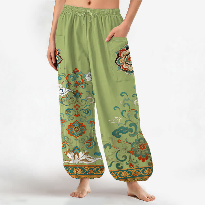 Buddha Stones Cotton Vintage Lotus Floral Paisley Pattern Women's Elastic Waist Harem Pants With Side Pockets - LightGreen - US16，UK/AU20，EU48 (3XL) - image 10