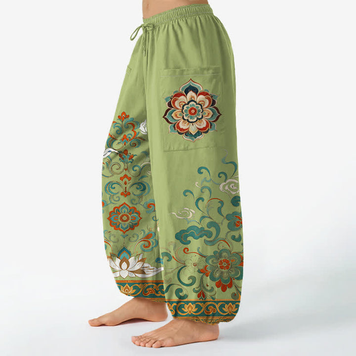 Buddha Stones Cotton Vintage Lotus Floral Paisley Pattern Women's Elastic Waist Harem Pants With Side Pockets - image 11