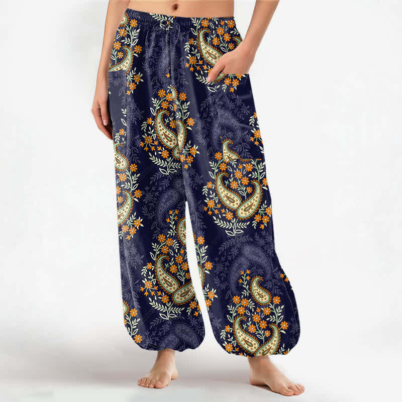 Buddha Stones Cotton Bohemian Paisley Floral Pattern Women's Elastic Waist Harem Pants With Side Pockets - Navy - US16，UK/AU20，EU48 (3XL) - image 0