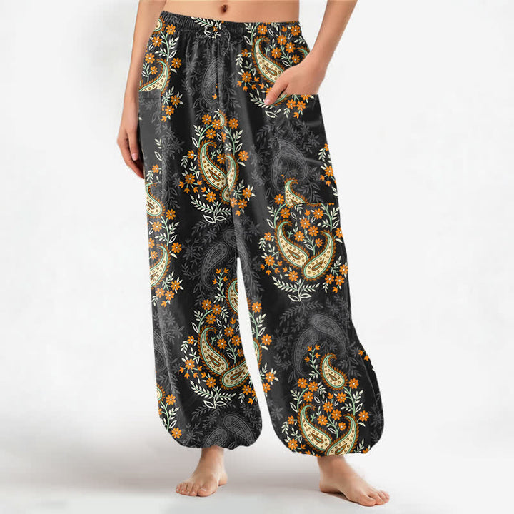 Buddha Stones Cotton Bohemian Paisley Floral Pattern Women's Elastic Waist Harem Pants With Side Pockets - Black - US16，UK/AU20，EU48 (3XL) - image 7