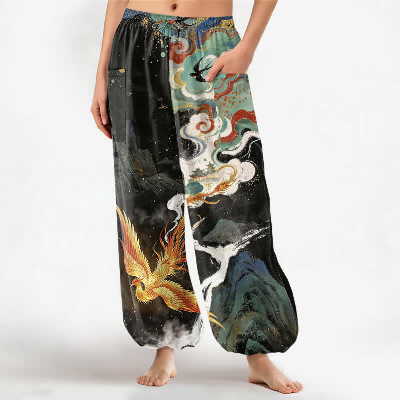 Buddha Stones Cotton Oriental Phoenix Cloud Pattern Women's Elastic Waist Harem Pants With Side Pockets - Black - US16，UK/AU20，EU48 (3XL) - image 0