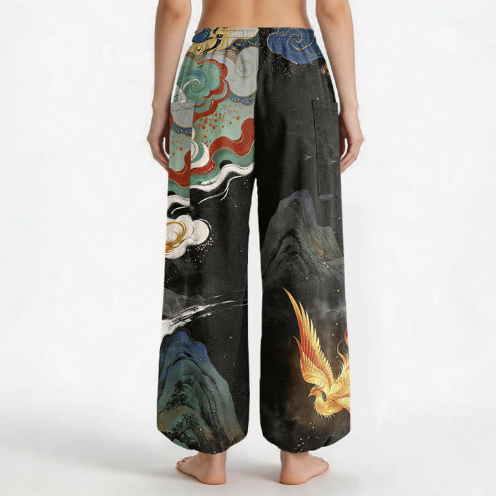 Buddha Stones Cotton Oriental Phoenix Cloud Pattern Women's Elastic Waist Harem Pants With Side Pockets - image 2