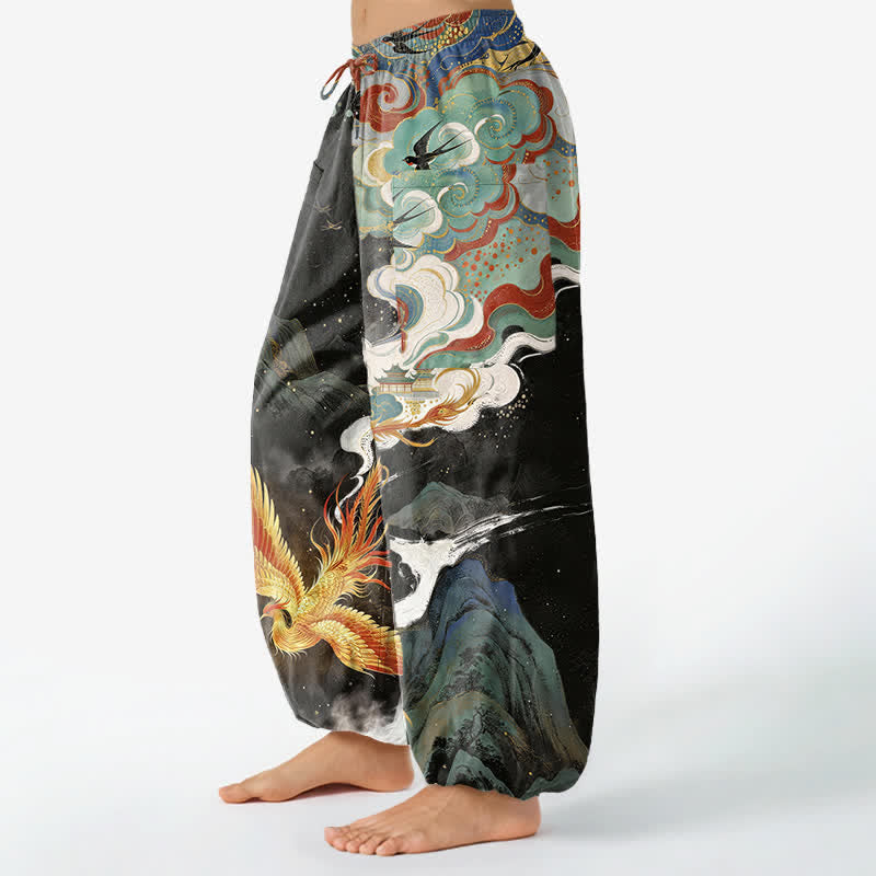 Buddha Stones Cotton Oriental Phoenix Cloud Pattern Women's Elastic Waist Harem Pants With Side Pockets - image 1