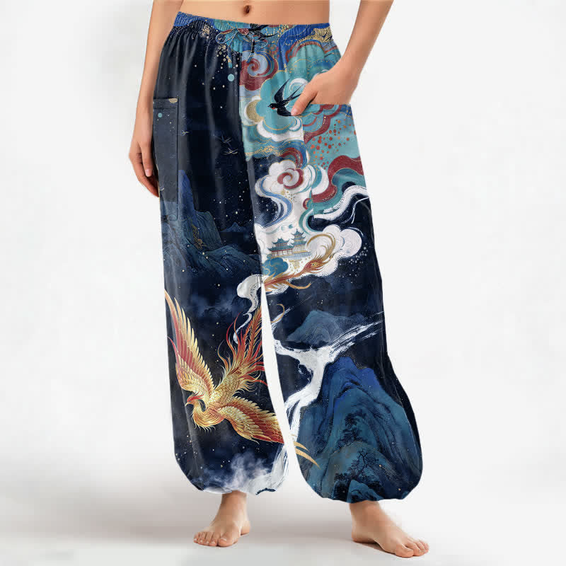 Buddha Stones Cotton Oriental Phoenix Cloud Pattern Women's Elastic Waist Harem Pants With Side Pockets - Navy - US16，UK/AU20，EU48 (3XL) - image 7