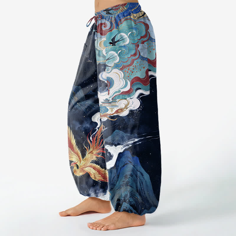 Buddha Stones Cotton Oriental Phoenix Cloud Pattern Women's Elastic Waist Harem Pants With Side Pockets - image 8