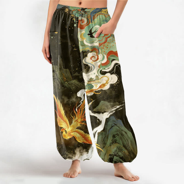 Buddha Stones Cotton Oriental Phoenix Cloud Pattern Women's Elastic Waist Harem Pants With Side Pockets - DarkOliveGreen - US16，UK/AU20，EU48 (3XL) - image 10