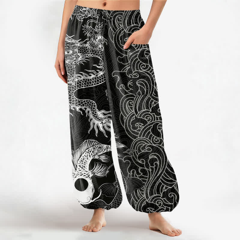 Buddha Stones Cotton Oriental Dragon Wave Pattern Women's Elastic Waist Harem Pants With Side Pockets - Black - US16，UK/AU20，EU48 (3XL) - image 0