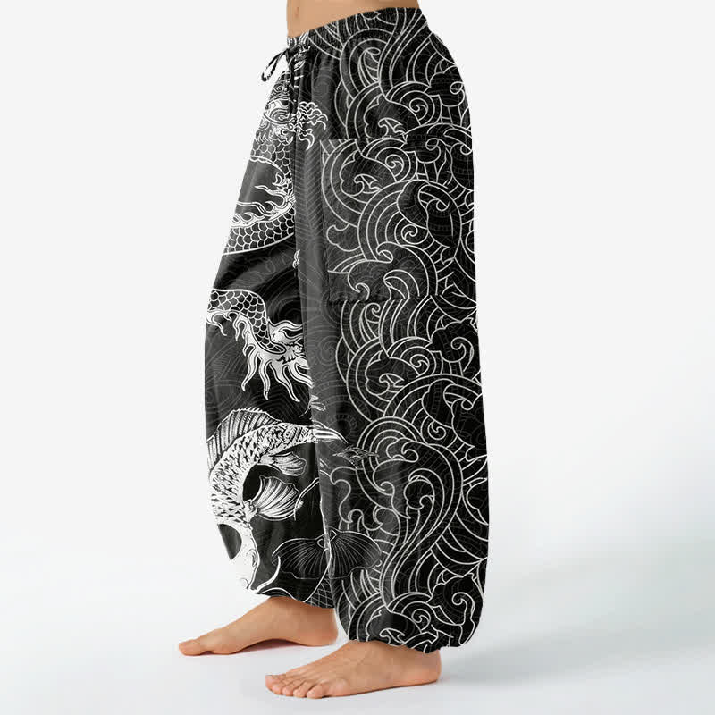 Buddha Stones Cotton Oriental Dragon Wave Pattern Women's Elastic Waist Harem Pants With Side Pockets - image 1