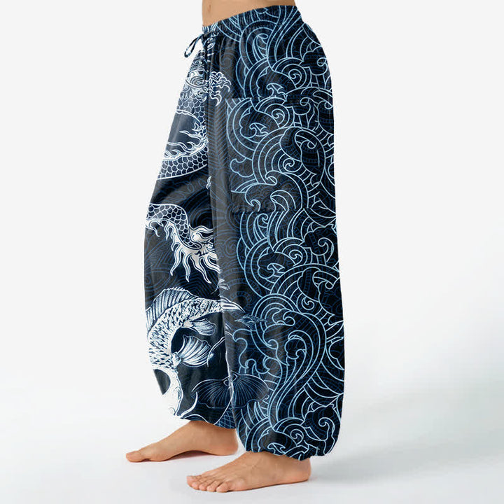 Buddha Stones Cotton Oriental Dragon Wave Pattern Women's Elastic Waist Harem Pants With Side Pockets - image 8