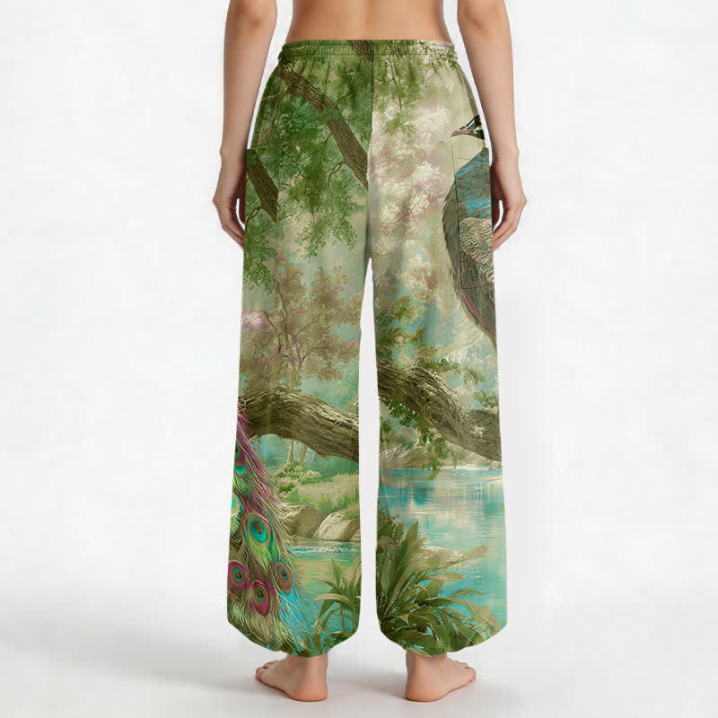 Buddha Stones Cotton Majestic Peacock Landscape Pattern Women's Elastic Waist Harem Pants With Side Pockets - image 9