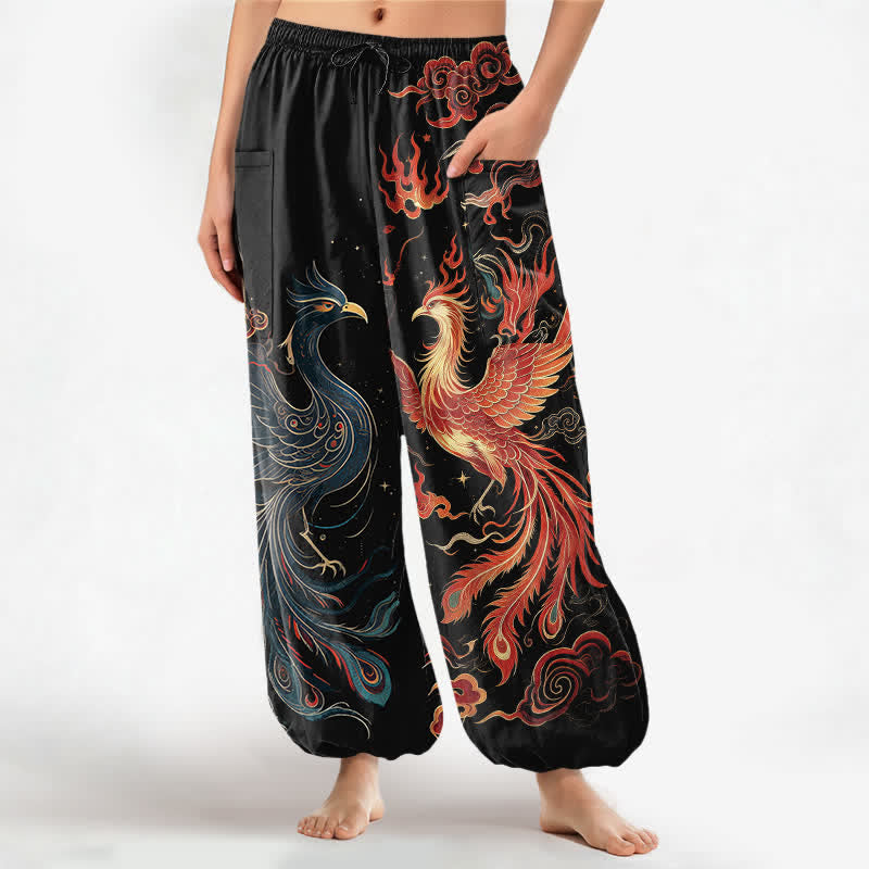 Buddha Stones Cotton Vintage Phoenix Flame Pattern Women's Elastic Waist Harem Pants With Side Pockets - Black - US16，UK/AU20，EU48 (3XL) - image 0