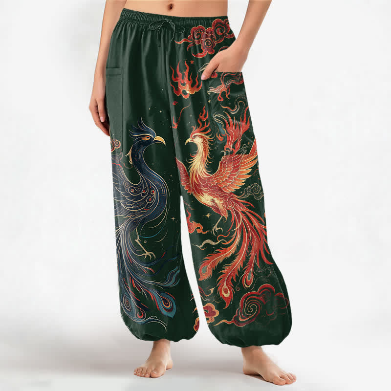 Buddha Stones Cotton Vintage Phoenix Flame Pattern Women's Elastic Waist Harem Pants With Side Pockets - DarkGreen - US16，UK/AU20，EU48 (3XL) - image 7