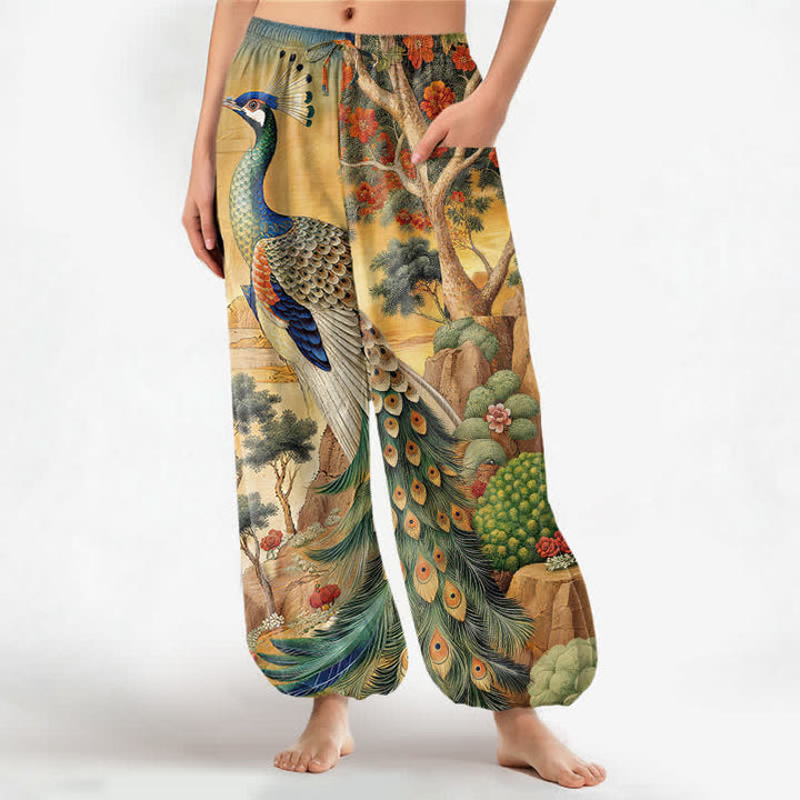 Buddha Stones Cotton Peacock Botanical Landscape Pattern Women's Elastic Waist Harem Pants With Side Pockets - Goldenrod - US16，UK/AU20，EU48 (3XL) - image 0