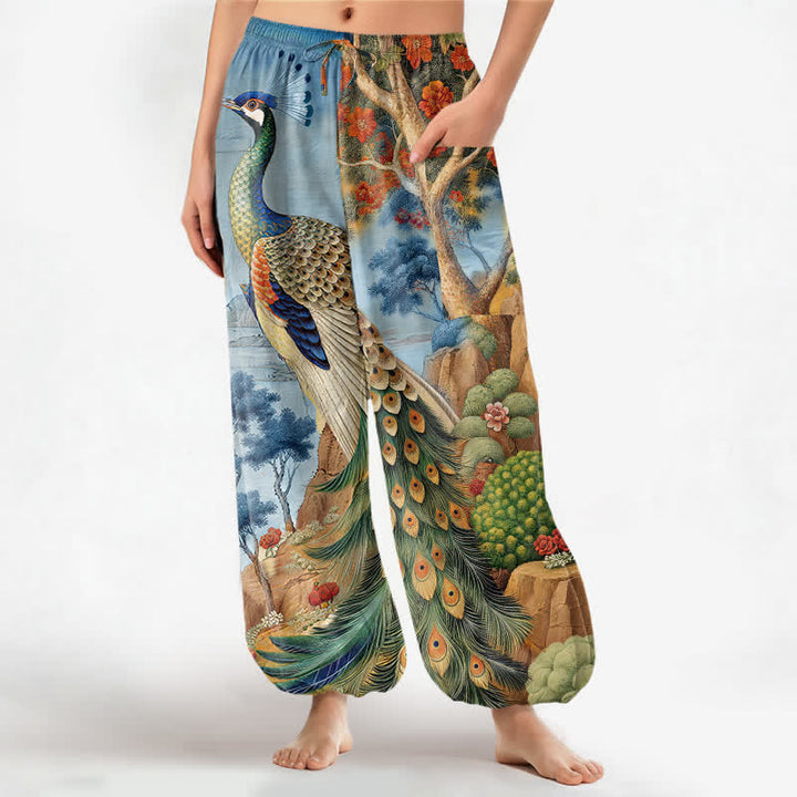 Buddha Stones Cotton Peacock Botanical Landscape Pattern Women's Elastic Waist Harem Pants With Side Pockets - LightSkyBlue - US16，UK/AU20，EU48 (3XL) - image 7
