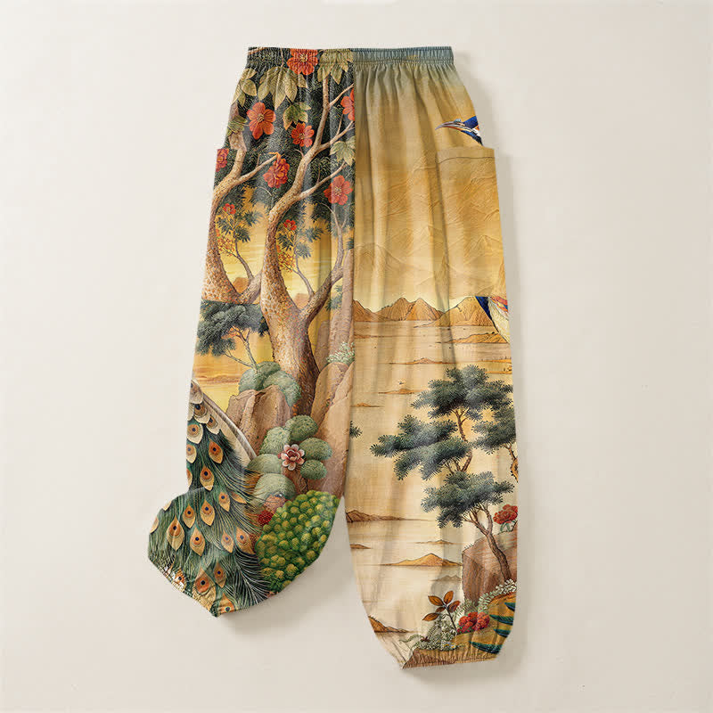 Buddha Stones Cotton Peacock Botanical Landscape Pattern Women's Elastic Waist Harem Pants With Side Pockets - image 4