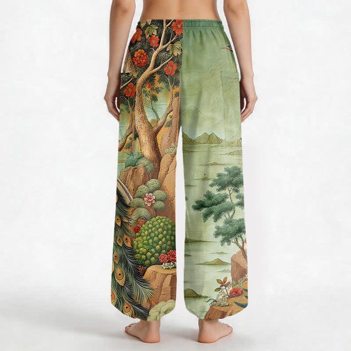 Buddha Stones Cotton Peacock Botanical Landscape Pattern Women's Elastic Waist Harem Pants With Side Pockets - image 12