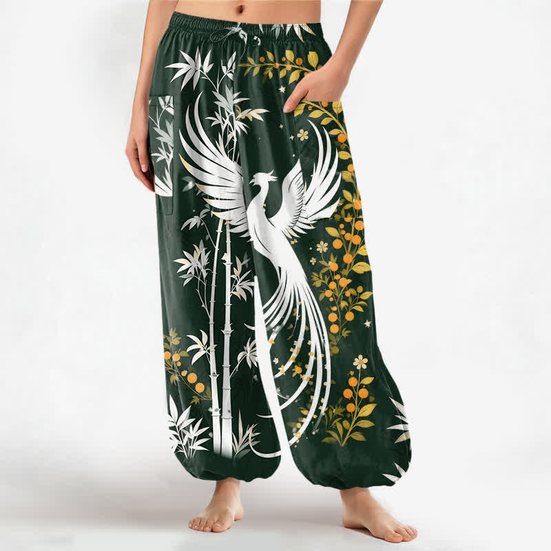 Buddha Stones Cotton Crane Bamboo Bloom Pattern Women's Elastic Waist Harem Pants With Side Pockets - DarkGreen - US16，UK/AU20，EU48 (3XL) - image 0