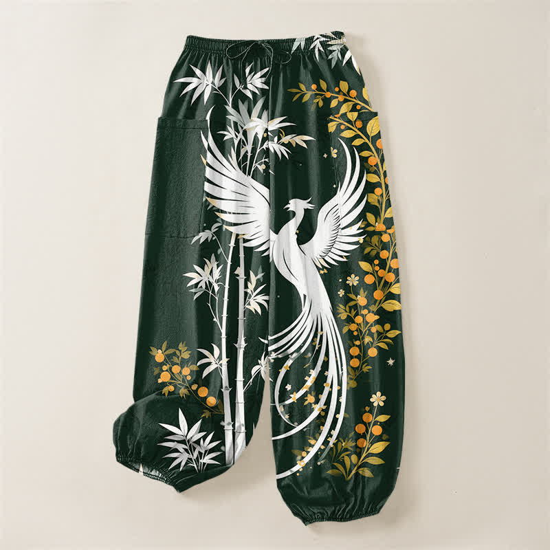 Buddha Stones Cotton Crane Bamboo Bloom Pattern Women's Elastic Waist Harem Pants With Side Pockets - image 3
