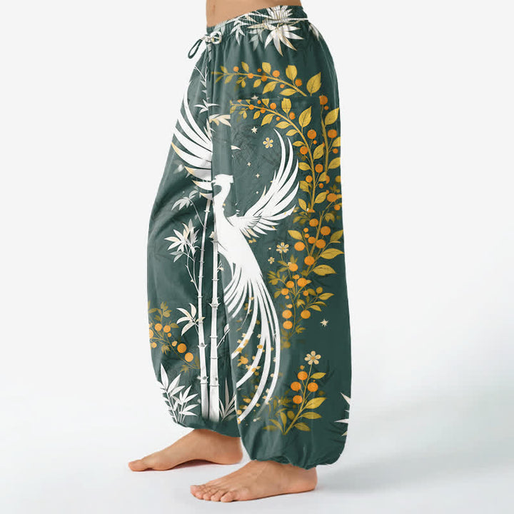 Buddha Stones Cotton Crane Bamboo Bloom Pattern Women's Elastic Waist Harem Pants With Side Pockets - image 8