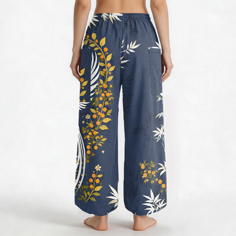Buddha Stones Cotton Crane Bamboo Bloom Pattern Women's Elastic Waist Harem Pants With Side Pockets - image 12