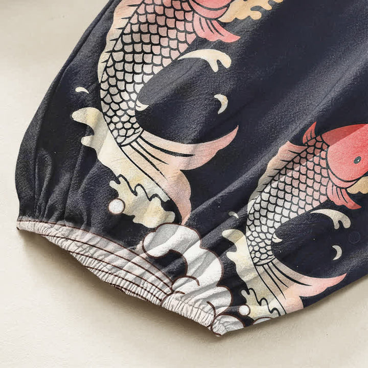 Buddha Stones Cotton Red Koi Water Pattern Women's Elastic Waist Harem Pants With Side Pockets - image 6