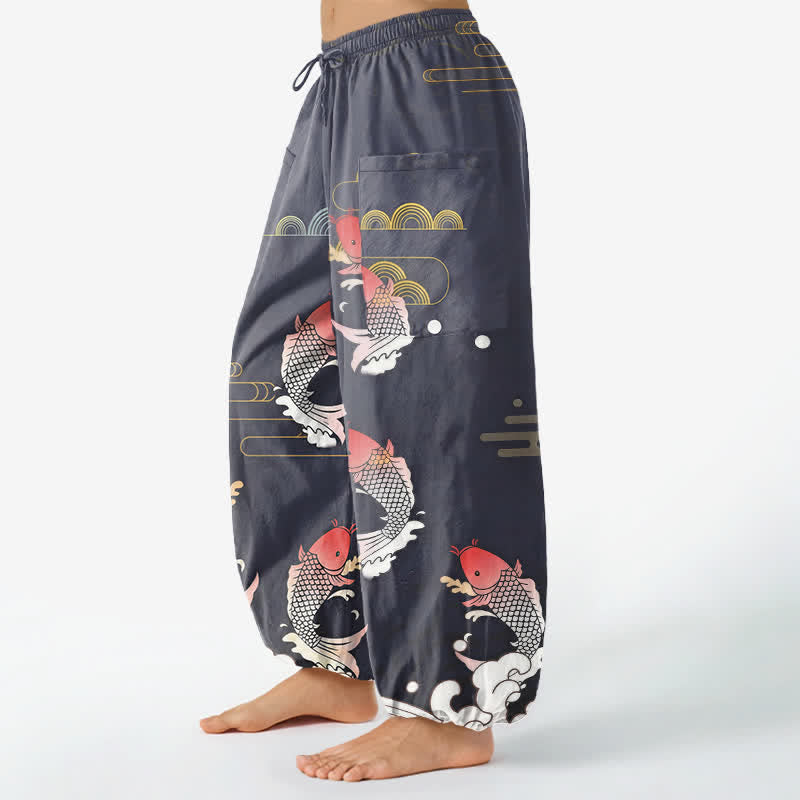 Buddha Stones Cotton Red Koi Water Pattern Women's Elastic Waist Harem Pants With Side Pockets - image 1