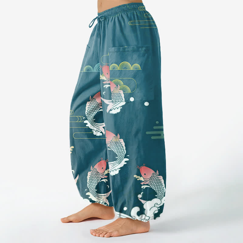 Buddha Stones Cotton Red Koi Water Pattern Women's Elastic Waist Harem Pants With Side Pockets - image 8