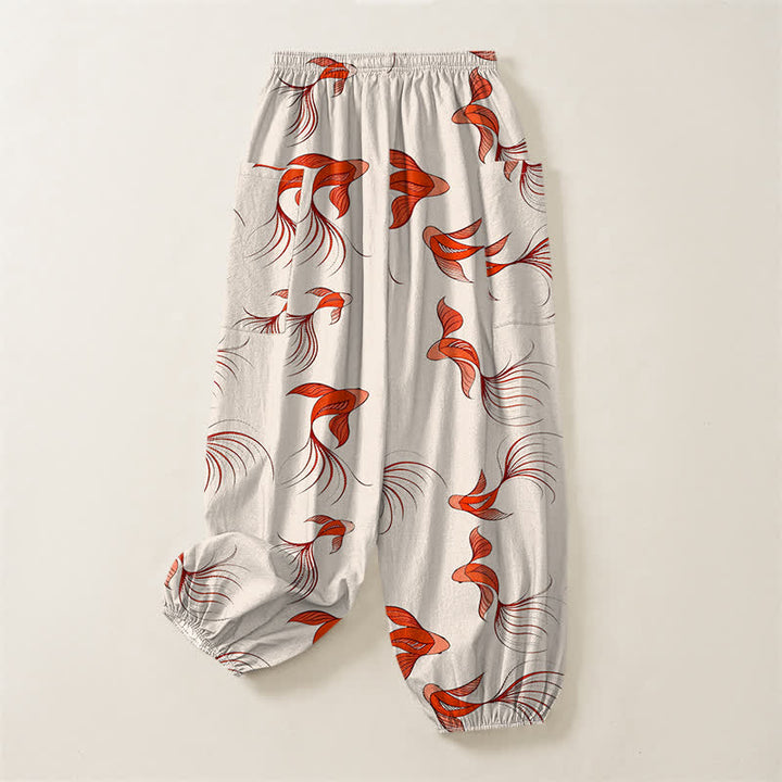 Buddha Stones Cotton Abstract Koi Fish Pattern Women's Elastic Waist Harem Pants With Side Pockets - image 4