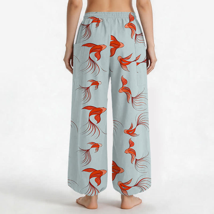 Buddha Stones Cotton Abstract Koi Fish Pattern Women's Elastic Waist Harem Pants With Side Pockets - image 9