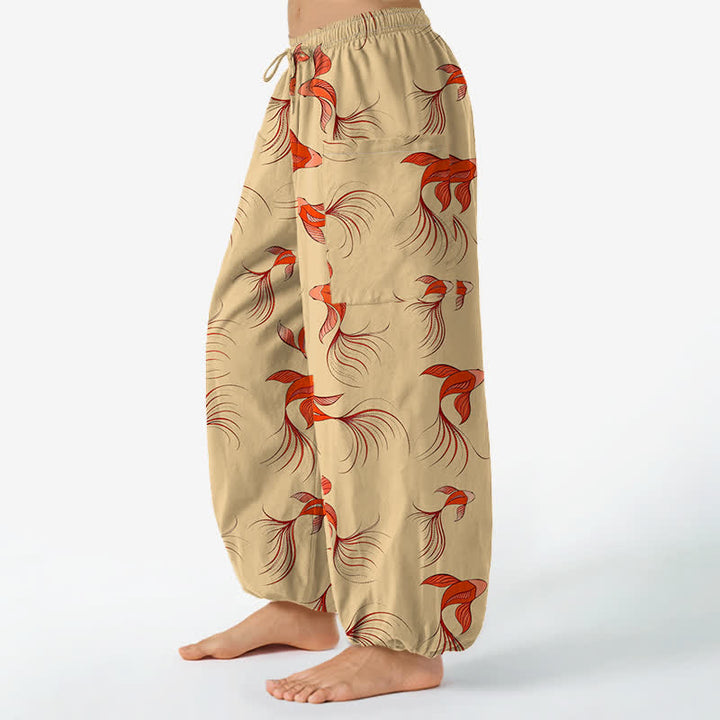 Buddha Stones Cotton Abstract Koi Fish Pattern Women's Elastic Waist Harem Pants With Side Pockets - image 11